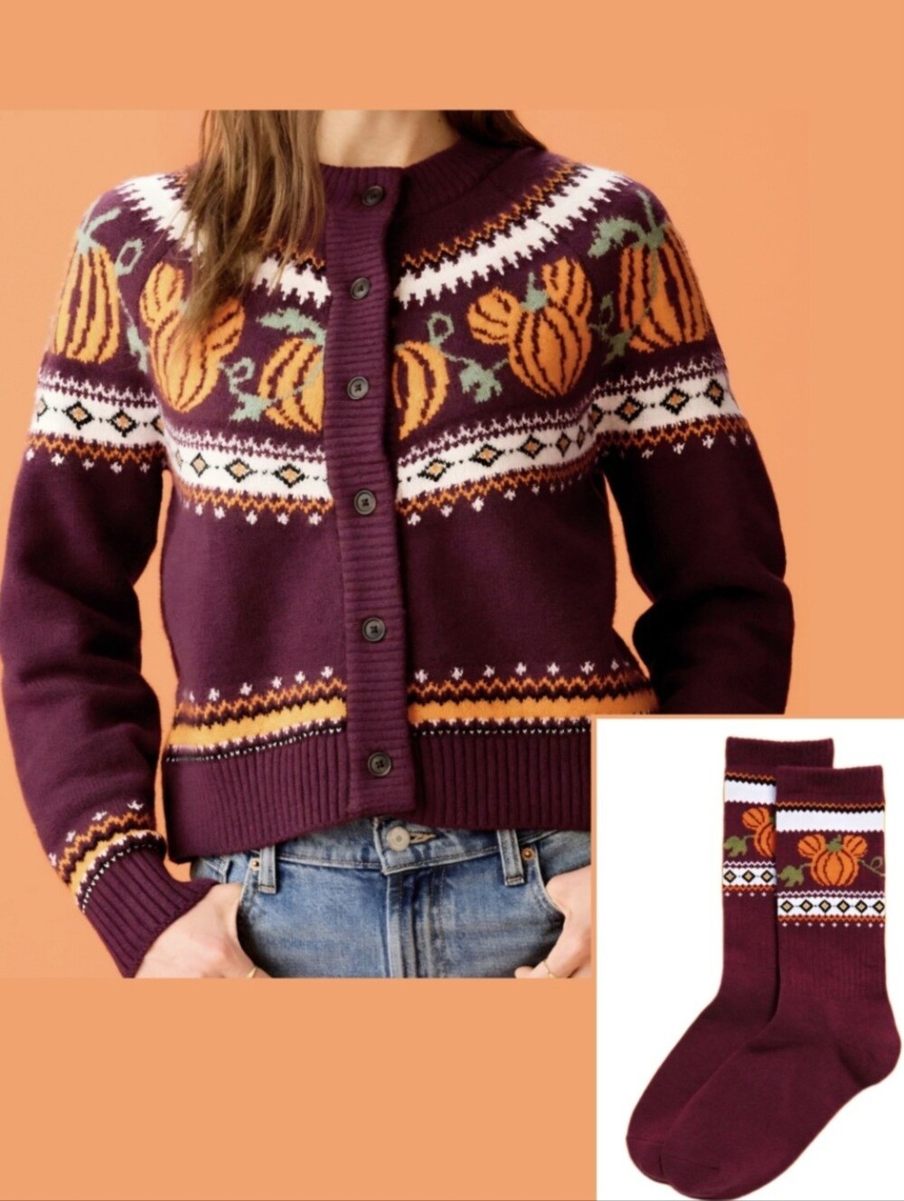 Old Navy × Disney Mickey Mouse Halloween Pumpkin Cardigan Sweater and Socks